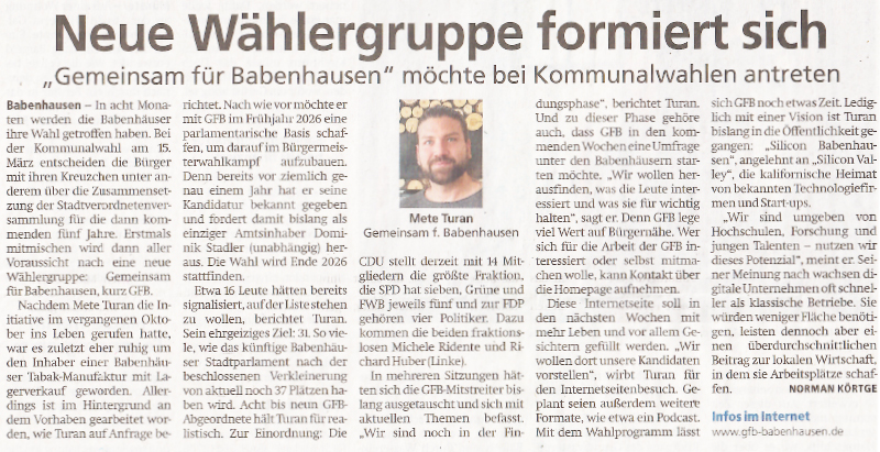 Mein Dank geht an die Offenbacher Post für den gelungenen Bericht über unsere Wählergruppe GFB – Gemeinsam für Babenhausen 2026. <a target='_blank' href='https://www.op-online.de/region/babenhausen/gemeinsam-fuer-babenhausen-moechte-bei-kommunalwahlen-antreten-93837556.html'>Bericht lesen...</a>